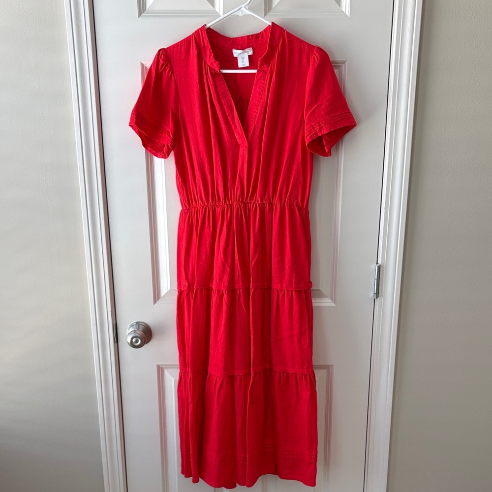 Cynthia Rowley Tiered Red Linen Blend Midi Dress